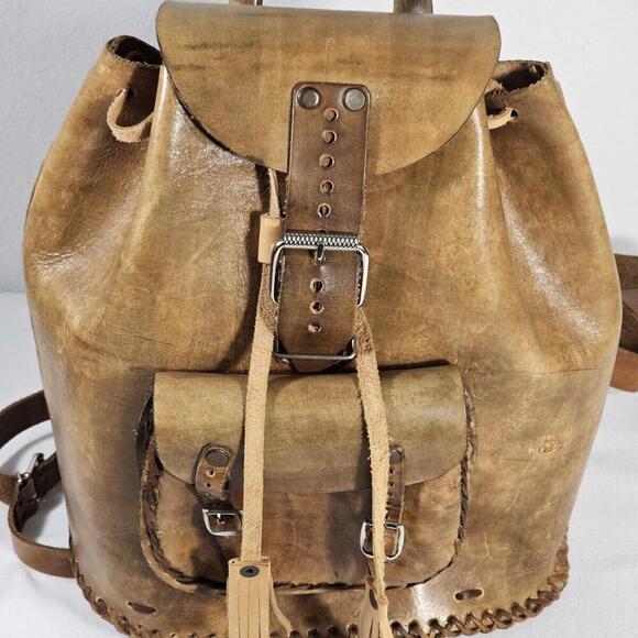 Vintage Handmade In Mexico Sturdy Brown Leather Backpack Cinch & Buckle - Picture 3 of 14